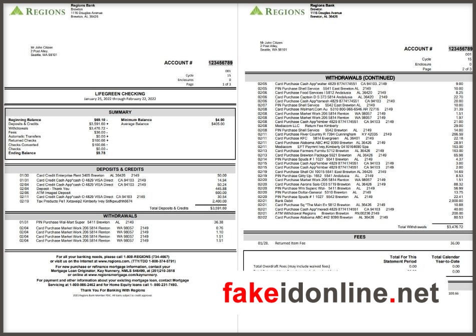 Regions Bank Statement PSD Template